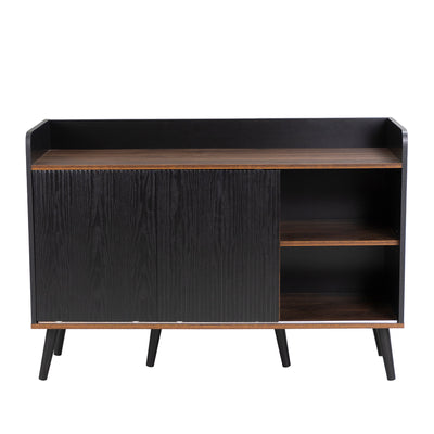 Buffet Moderne Noir et Bois avec Portes Coulissantes Rainurées et Tiroirs de Rangement VEKAID BLACK