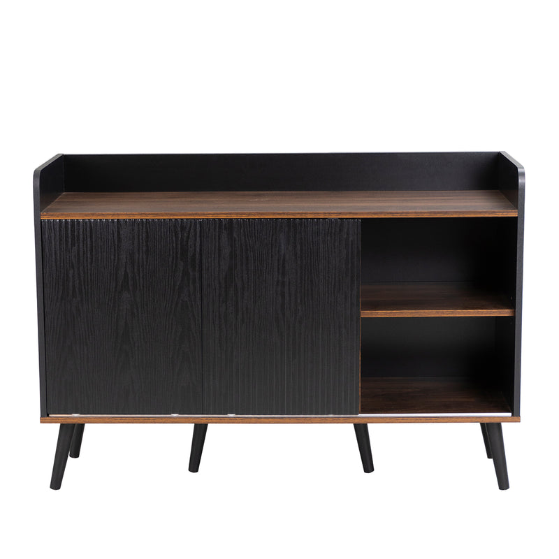 Buffet Moderne Noir et Bois avec Portes Coulissantes Rainurées et Tiroirs de Rangement VEKAID BLACK