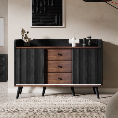 Buffet Moderne Noir et Bois avec Portes Coulissantes Rainurées et Tiroirs de Rangement VEKAID BLACK