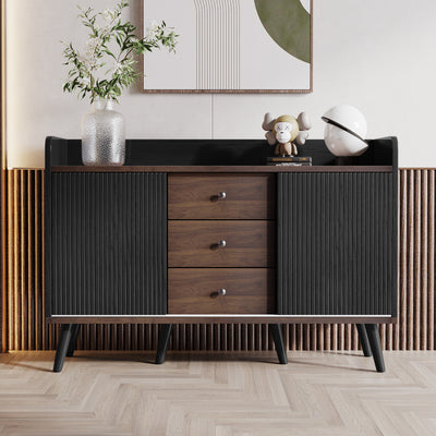 Buffet Moderne Noir et Bois avec Portes Coulissantes Rainurées et Tiroirs de Rangement VEKAID BLACK
