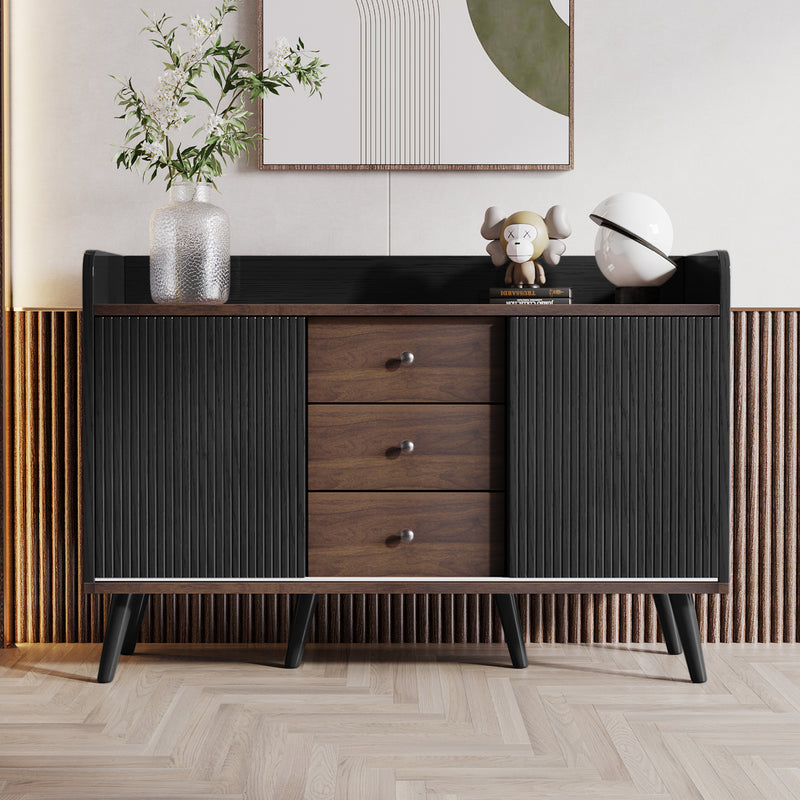 Buffet Moderne Noir et Bois avec Portes Coulissantes Rainurées et Tiroirs de Rangement VEKAID BLACK