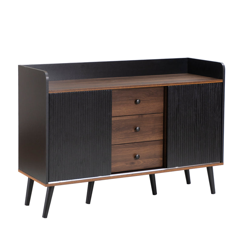 Buffet Moderne Noir et Bois avec Portes Coulissantes Rainurées et Tiroirs de Rangement VEKAID BLACK