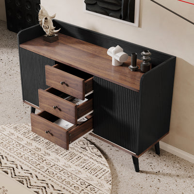 Buffet Moderne Noir et Bois avec Portes Coulissantes Rainurées et Tiroirs de Rangement VEKAID BLACK