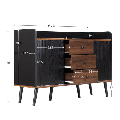 Buffet Moderne Noir et Bois avec Portes Coulissantes Rainurées et Tiroirs de Rangement VEKAID BLACK