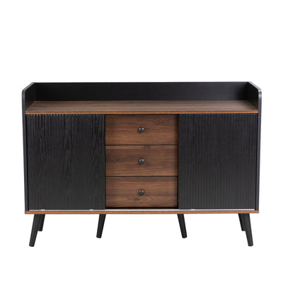 Buffet Moderne Noir et Bois avec Portes Coulissantes Rainurées et Tiroirs de Rangement VEKAID BLACK