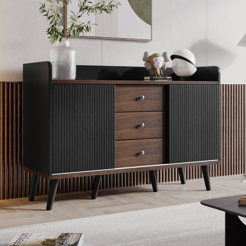 Buffet Moderne Noir et Bois avec Portes Coulissantes Rainurées et Tiroirs de Rangement VEKAID BLACK