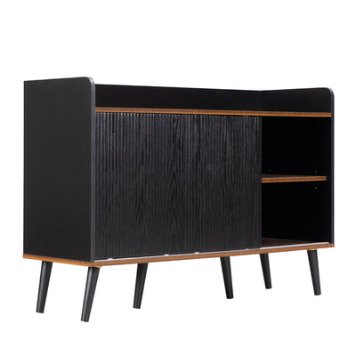 Buffet Moderne Noir et Bois avec Portes Coulissantes Rainurées et Tiroirs de Rangement VEKAID BLACK