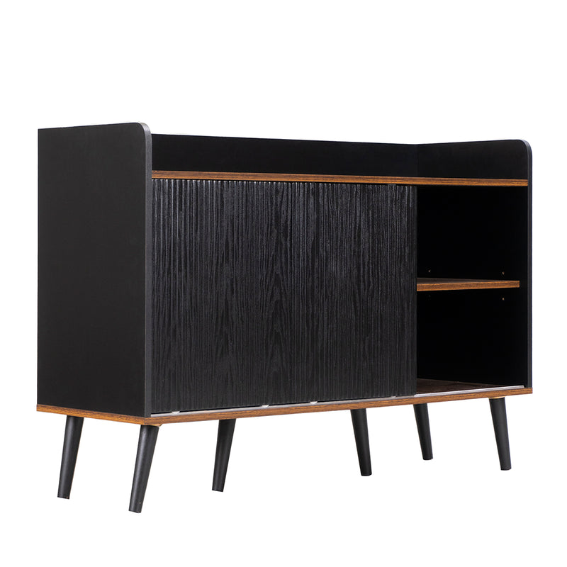 Buffet Moderne Noir et Bois avec Portes Coulissantes Rainurées et Tiroirs de Rangement VEKAID BLACK