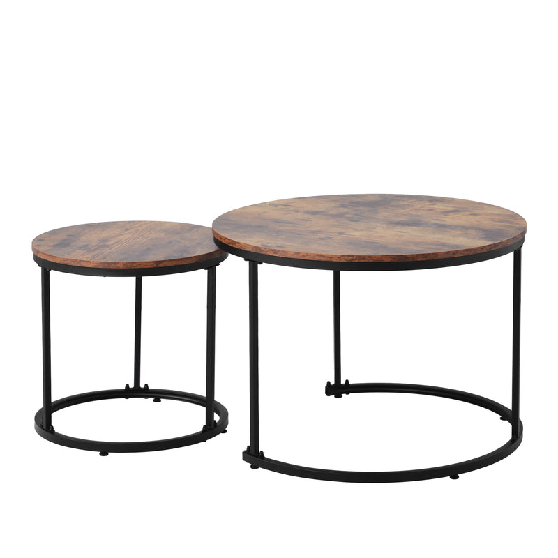 Ensemble de 2 Tables Basses Rondes Gigognes Modernes en MDF Effet Bois et Métal (Marron)