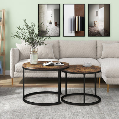 Ensemble de 2 Tables Basses Rondes Gigognes Modernes en MDF Effet Bois et Métal (Marron)