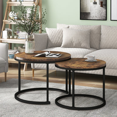 Ensemble de 2 Tables Basses Rondes Gigognes Modernes en MDF Effet Bois et Métal (Marron)