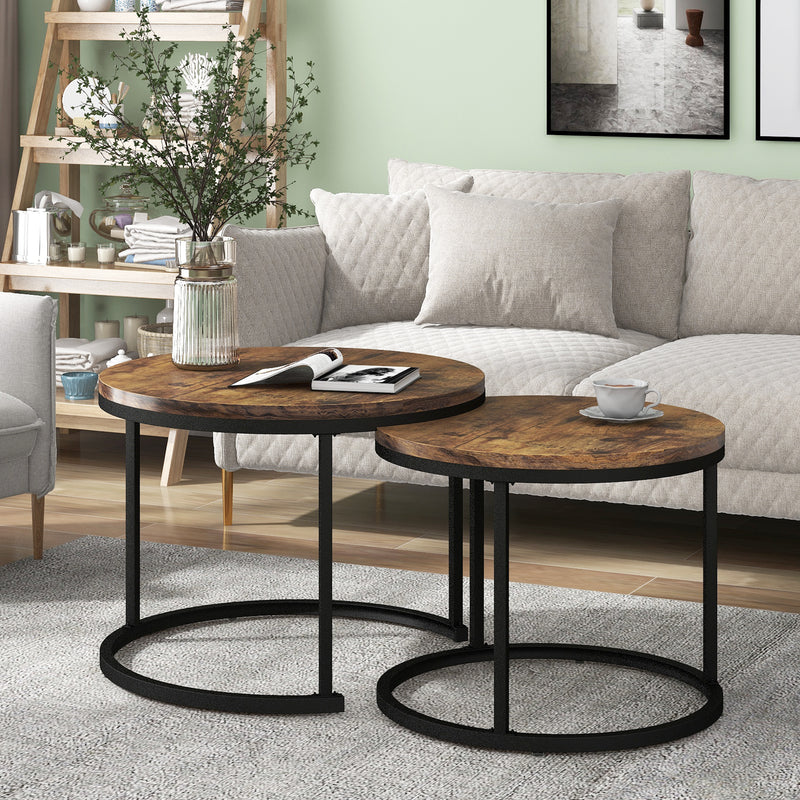 Ensemble de 2 Tables Basses Rondes Gigognes Modernes en MDF Effet Bois et Métal (Marron)