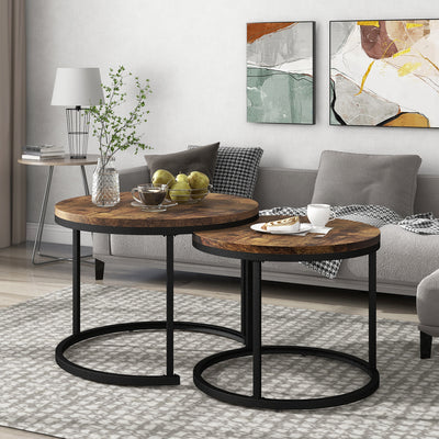 Ensemble de 2 Tables Basses Rondes Gigognes Modernes en MDF Effet Bois et Métal (Marron)