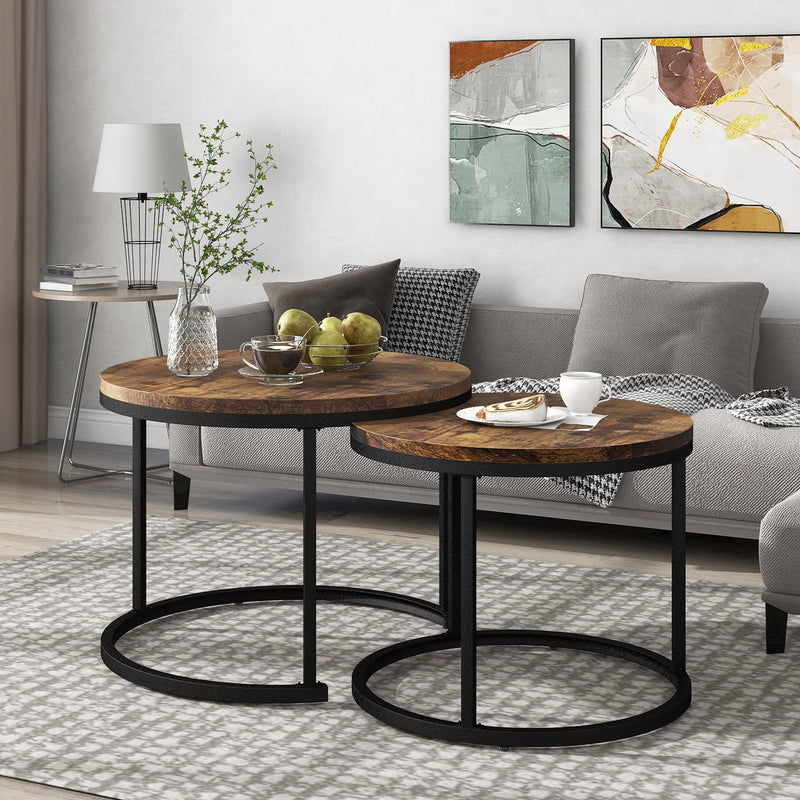 Ensemble de 2 Tables Basses Rondes Gigognes Modernes en MDF Effet Bois et Métal (Marron)