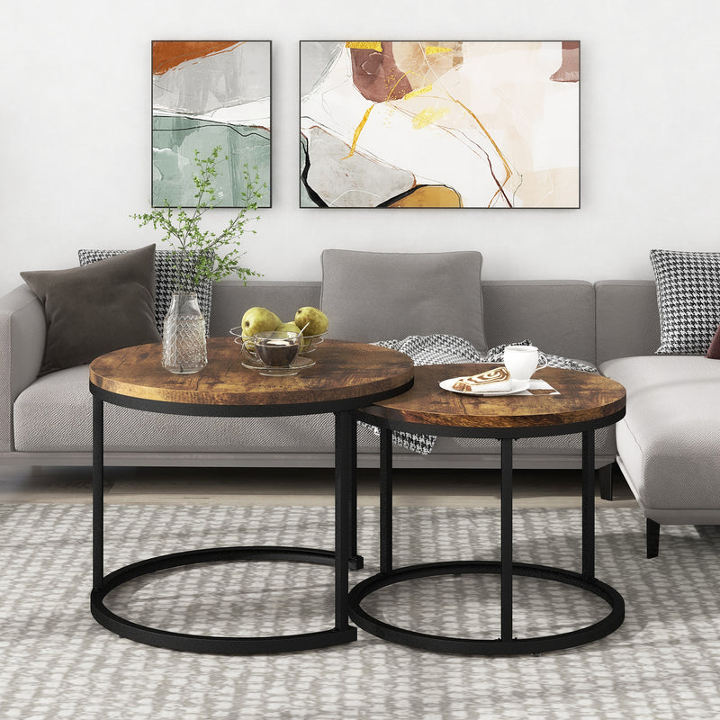 Ensemble de 2 Tables Basses Rondes Gigognes Modernes en MDF Effet Bois et Métal (Marron)