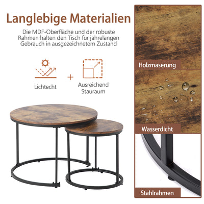 Ensemble de 2 Tables Basses Rondes Gigognes Modernes en MDF Effet Bois et Métal (Marron)