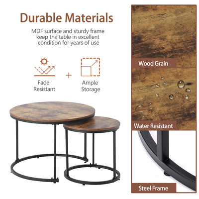 Ensemble de 2 Tables Basses Rondes Gigognes Modernes en MDF Effet Bois et Métal (Marron)