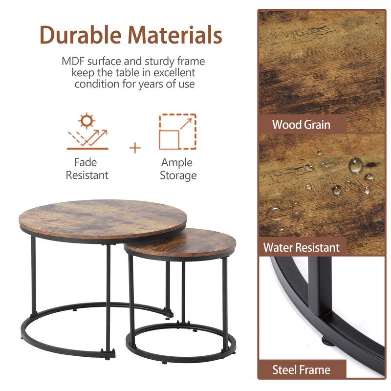 Ensemble de 2 Tables Basses Rondes Gigognes Modernes en MDF Effet Bois et Métal (Marron)