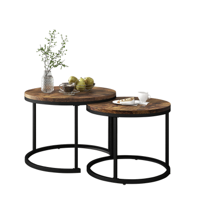 Ensemble de 2 Tables Basses Rondes Gigognes Modernes en MDF Effet Bois et Métal (Marron)