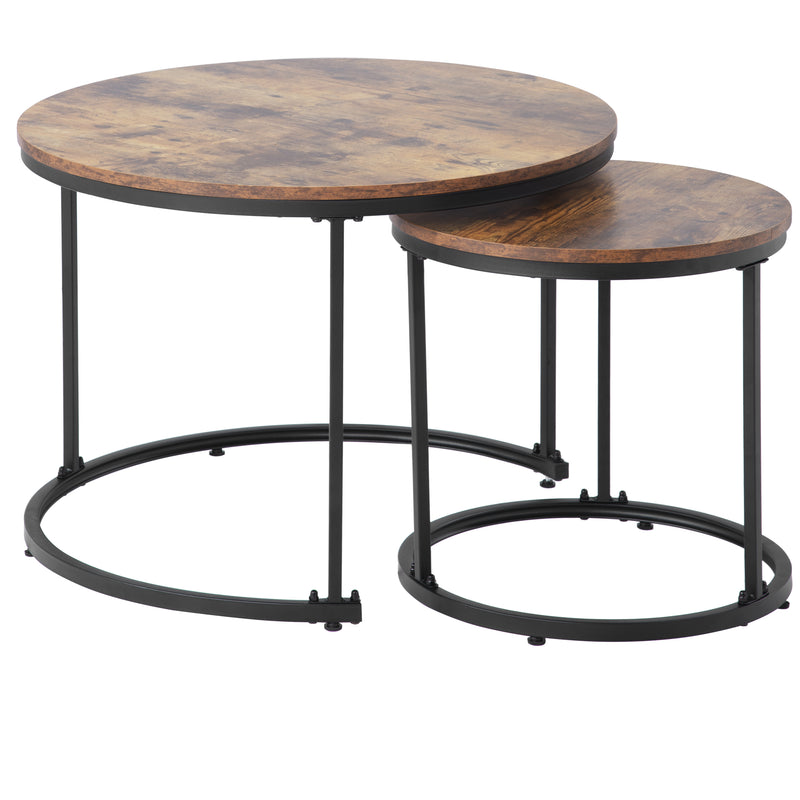 Ensemble de 2 Tables Basses Rondes Gigognes Modernes en MDF Effet Bois et Métal (Marron)