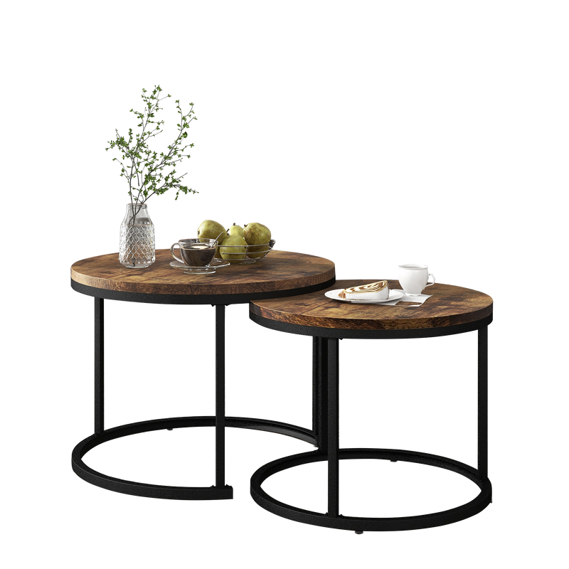 Ensemble de 2 Tables Basses Rondes Gigognes Modernes en MDF Effet Bois et Métal (Marron)