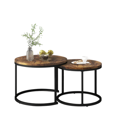 Ensemble de 2 Tables Basses Rondes Gigognes Modernes en MDF Effet Bois et Métal (Marron)