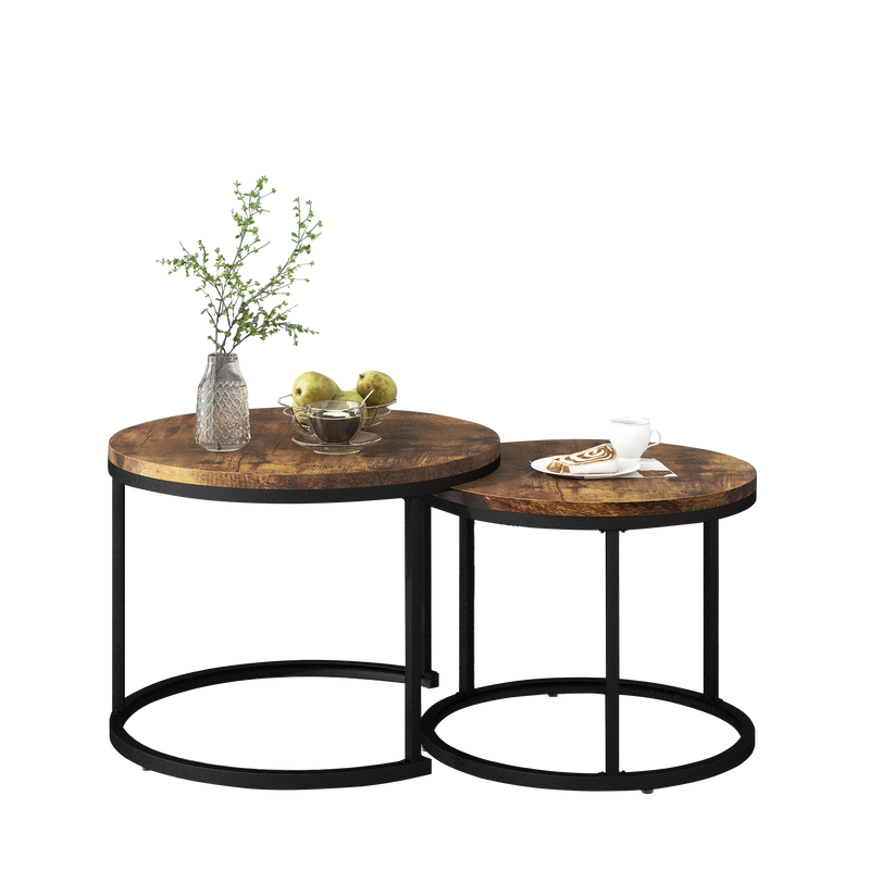 Ensemble de 2 Tables Basses Rondes Gigognes Modernes en MDF Effet Bois et Métal (Marron)