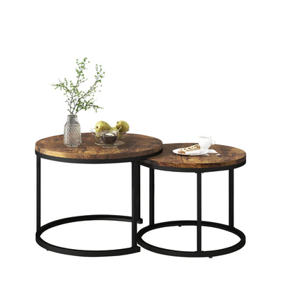 Ensemble de 2 Tables Basses Rondes Gigognes Modernes en MDF Effet Bois et Métal (Marron)