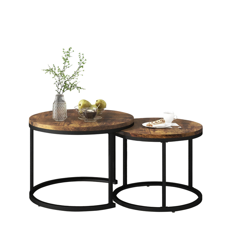 Ensemble de 2 Tables Basses Rondes Gigognes Modernes en MDF Effet Bois et Métal (Marron)