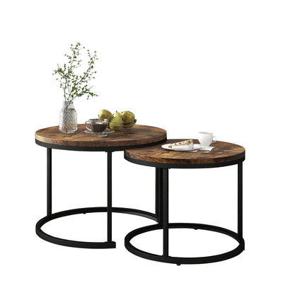 Ensemble de 2 Tables Basses Rondes Gigognes Modernes en MDF Effet Bois et Métal (Marron)