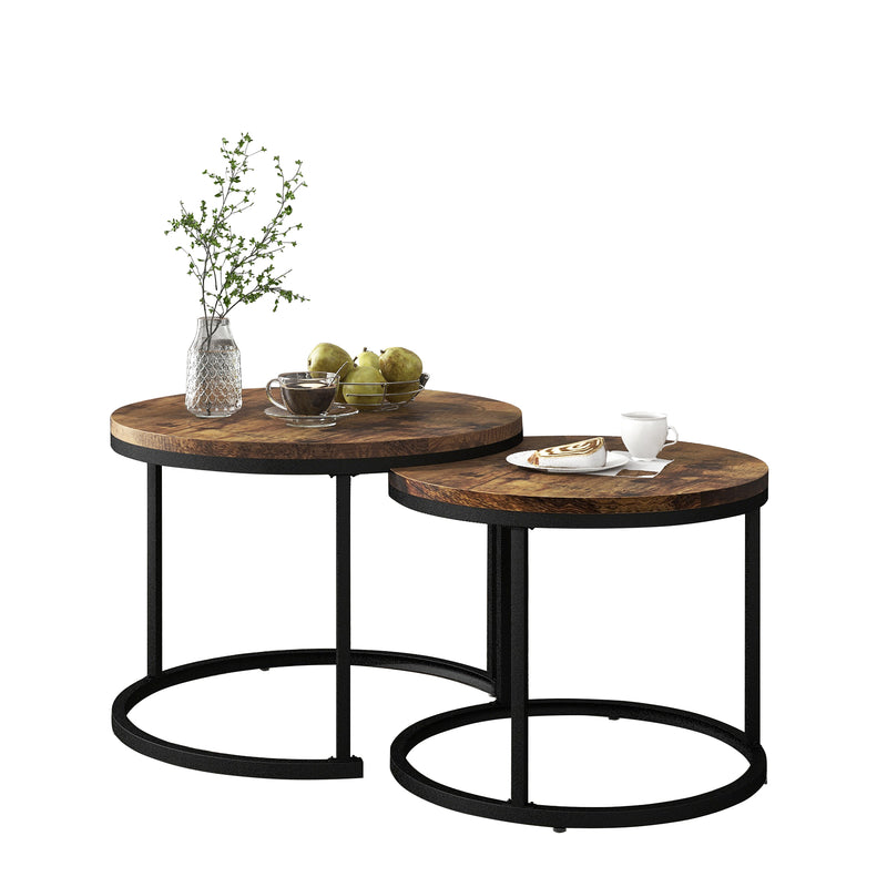 Ensemble de 2 Tables Basses Rondes Gigognes Modernes en MDF Effet Bois et Métal (Marron)