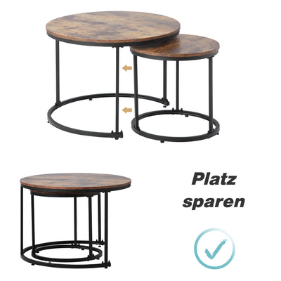 Ensemble de 2 Tables Basses Rondes Gigognes Modernes en MDF Effet Bois et Métal (Marron)