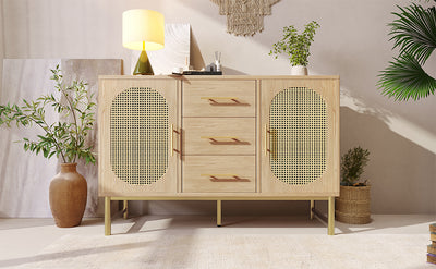 Buffet Industriel Chêne Clair avec Finition Aspect Rotin, VIGOIH
