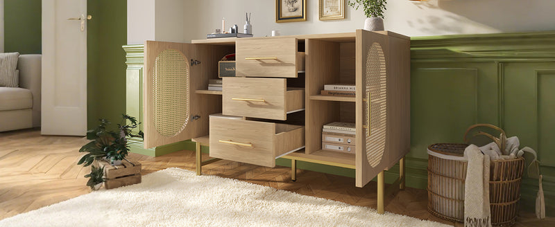Buffet Industriel Chêne Clair avec Finition Aspect Rotin, VIGOIH