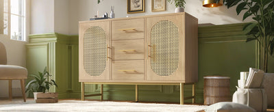 Buffet Industriel Chêne Clair avec Finition Aspect Rotin, VIGOIH