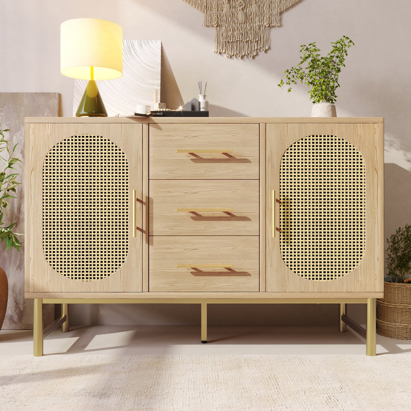 Buffet Industriel Chêne Clair avec Finition Aspect Rotin, VIGOIH