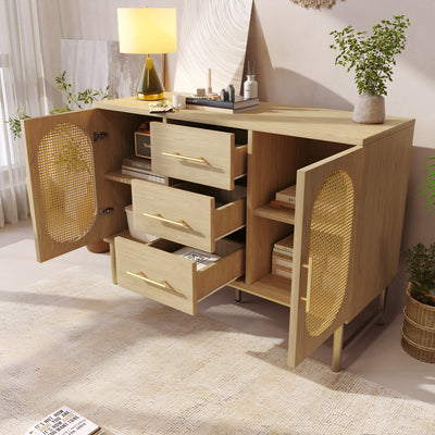 Buffet Industriel Chêne Clair avec Finition Aspect Rotin, VIGOIH