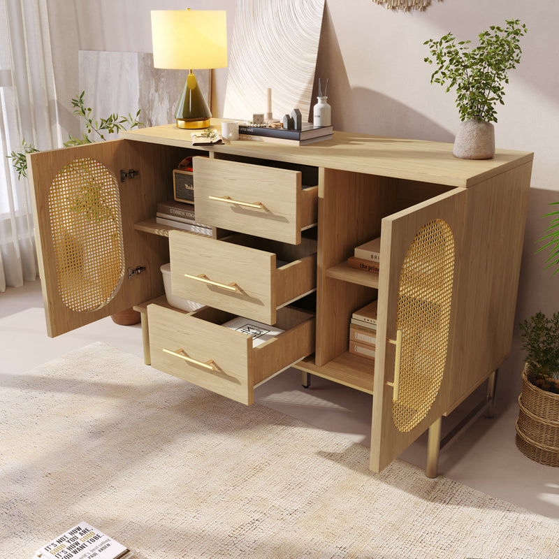 Buffet Industriel Chêne Clair avec Finition Aspect Rotin, VIGOIH