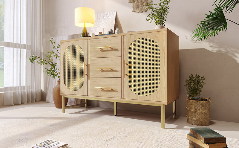 Buffet Industriel Chêne Clair avec Finition Aspect Rotin, VIGOIH
