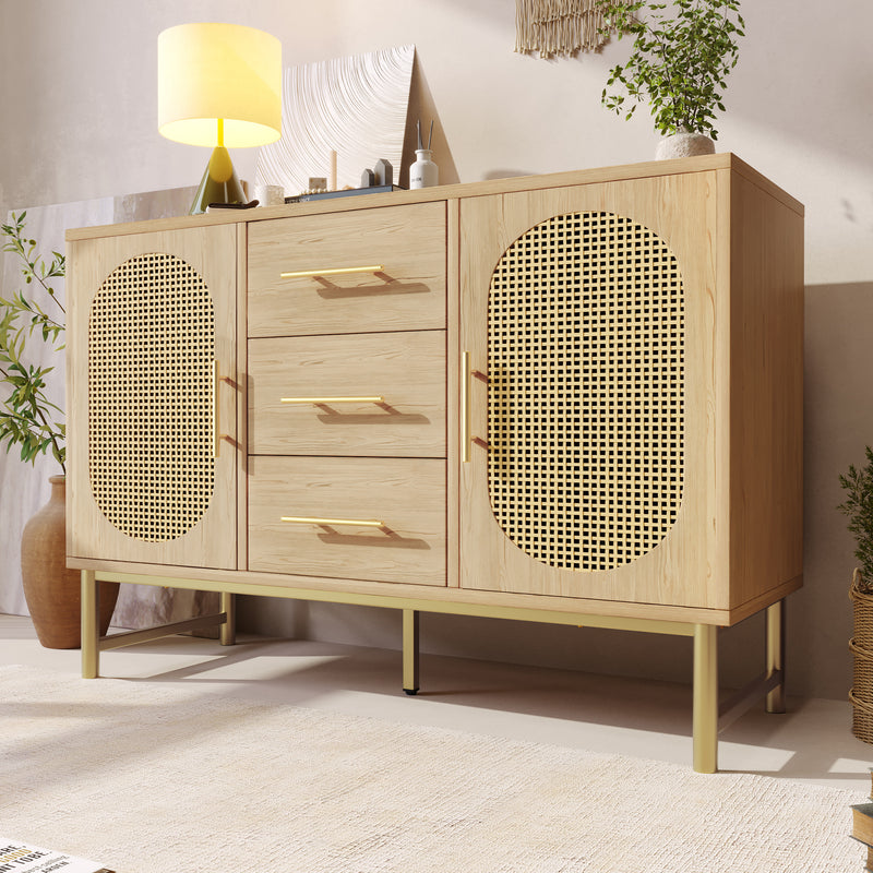 Buffet Industriel Chêne Clair avec Finition Aspect Rotin, VIGOIH