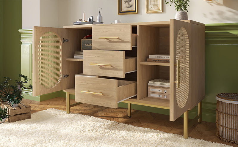 Buffet Industriel Chêne Clair avec Finition Aspect Rotin, VIGOIH