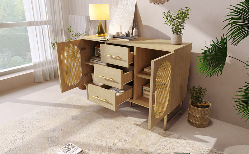 Buffet Industriel Chêne Clair avec Finition Aspect Rotin, VIGOIH