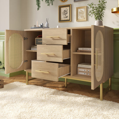 Buffet Industriel Chêne Clair avec Finition Aspect Rotin, VIGOIH
