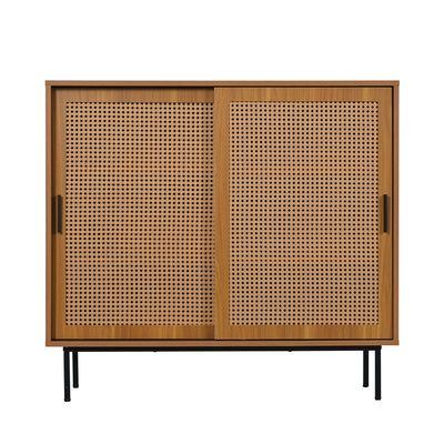 Buffet Contemporain Noyer avec Portes Coulissantes en Rotin et Rangement Polyvalent VISIENS