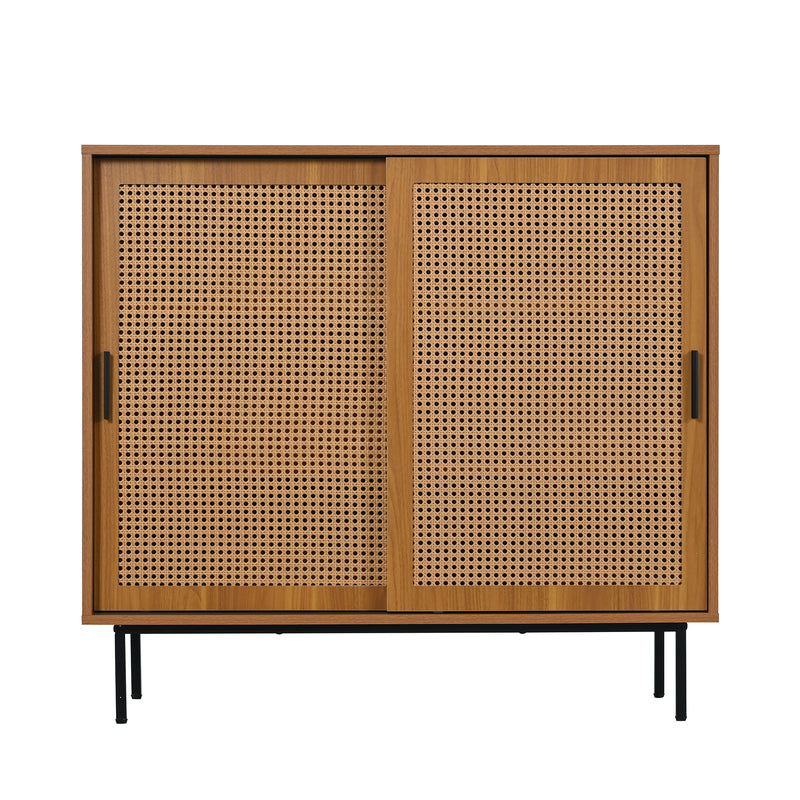 Buffet Contemporain Noyer avec Portes Coulissantes en Rotin et Rangement Polyvalent VISIENS