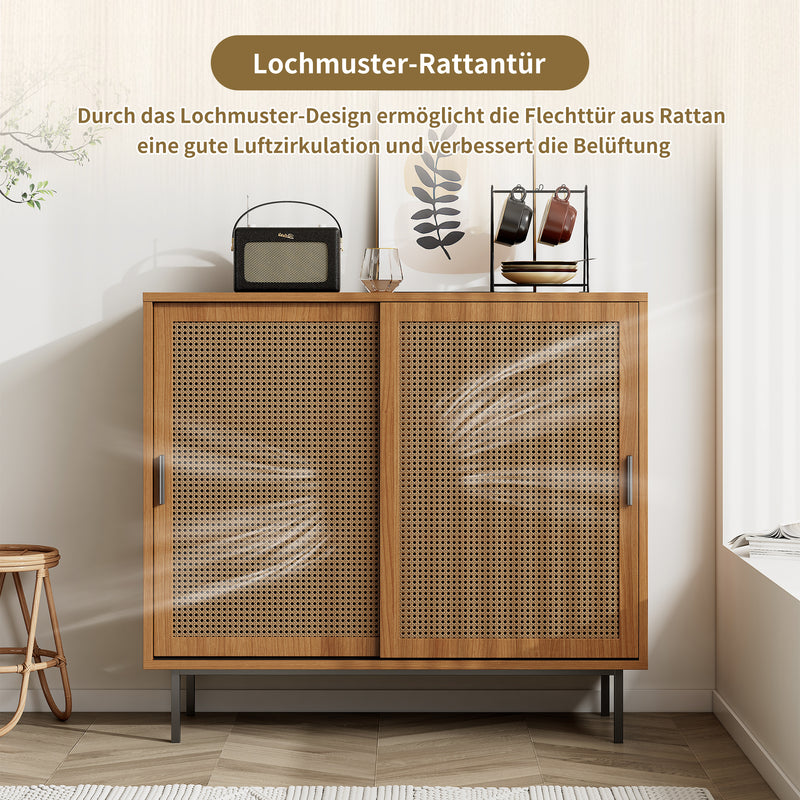 Buffet Contemporain Noyer avec Portes Coulissantes en Rotin et Rangement Polyvalent VISIENS