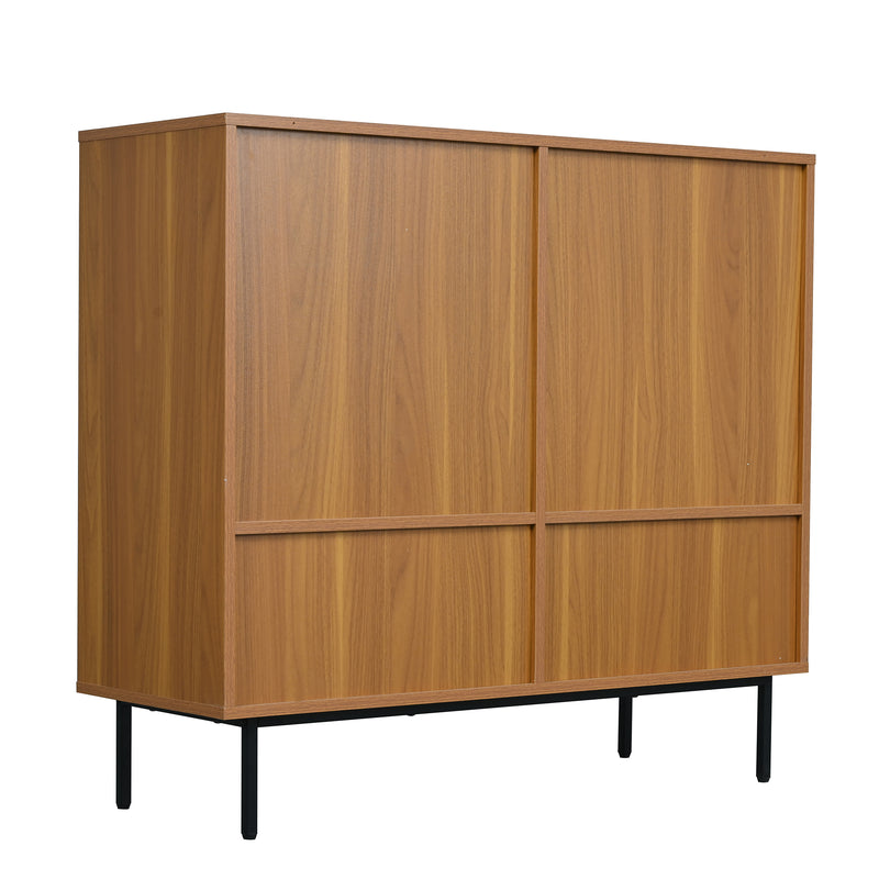 Buffet Contemporain Noyer avec Portes Coulissantes en Rotin et Rangement Polyvalent VISIENS