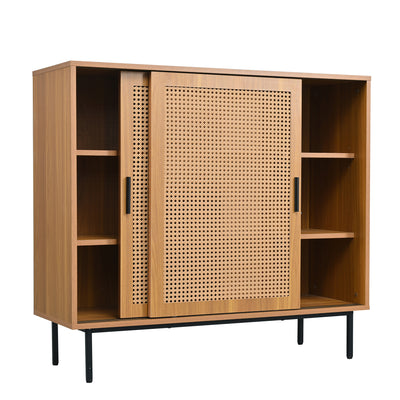 Buffet Contemporain Noyer avec Portes Coulissantes en Rotin et Rangement Polyvalent VISIENS