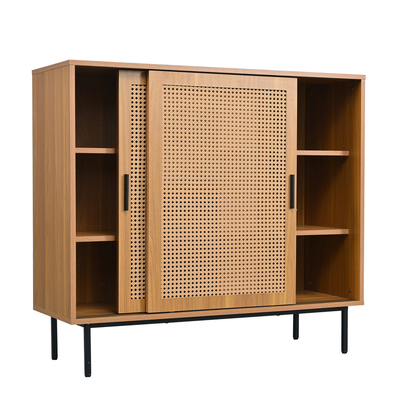 Buffet Contemporain Noyer avec Portes Coulissantes en Rotin et Rangement Polyvalent VISIENS