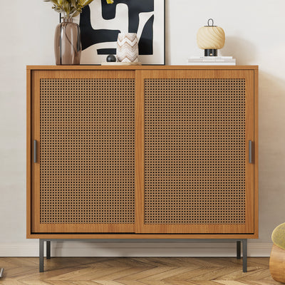 Buffet Contemporain Noyer avec Portes Coulissantes en Rotin et Rangement Polyvalent VISIENS